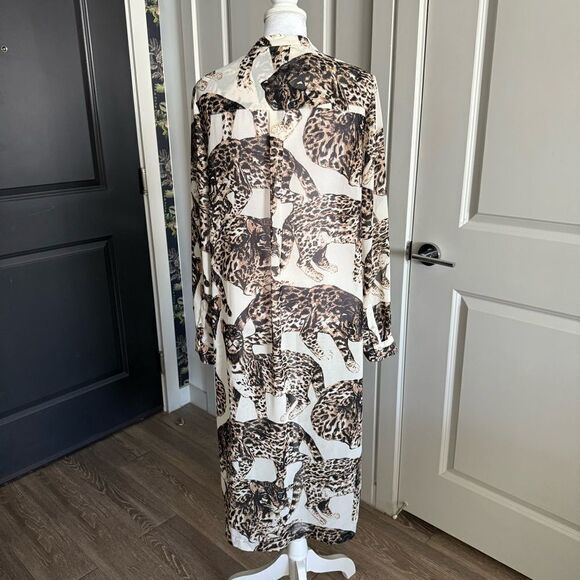 H&M Cream Leopard Cat Print Long Sleeve Midi Shirt Dress Size 8 - Picture 4 of 7